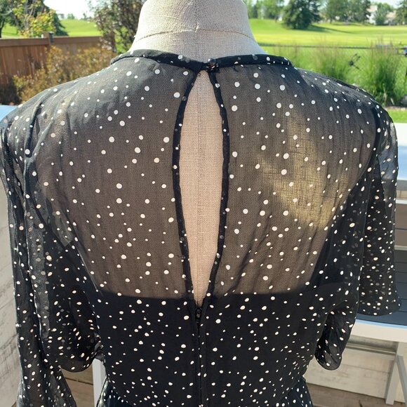 Vintage 80s 90s Sheer Polka Dot Overlay Tiered Ruffle Skirt Dolman Sleeve Dress - Picture 8 of 16